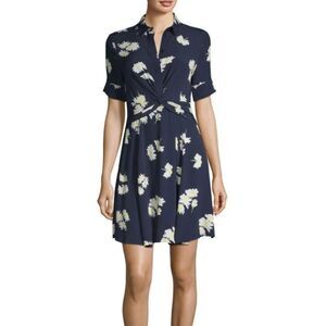 Ganni Navy floral daisy twist front collar short sleeve blue silvery crepe 34